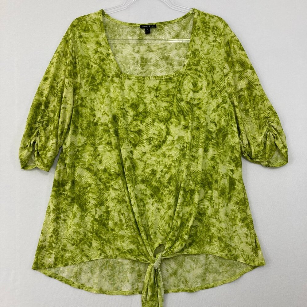 Sami & Jo size XL Green Tie Dye Textured Tie‎ Front Stretch Square Neck Top